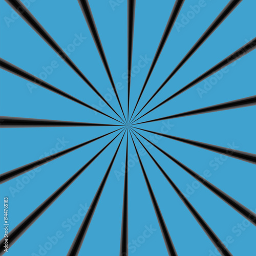 Symmetrical Blue Sunburst Background with Black Radial Stripes.