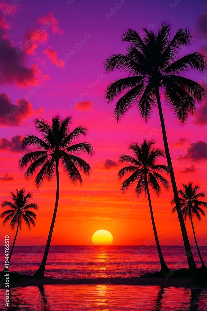 Obraz premium Tropical Sunset with Silhouette Palm Trees on the Beach Ocean Horizon