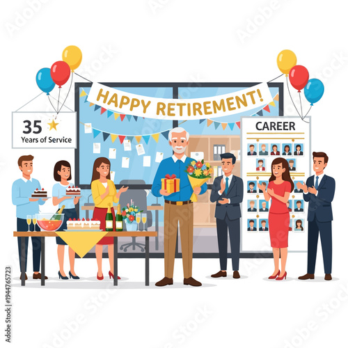 Retirement celebration office party with coworkers and 35 years of service banner vector illustration