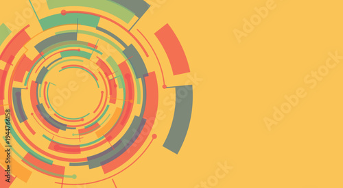 Abstract vector design featuring concentric circular patterns on a mustard background. The vector represents technology, data visualization or futuristic interface concepts with dynamic energy.
