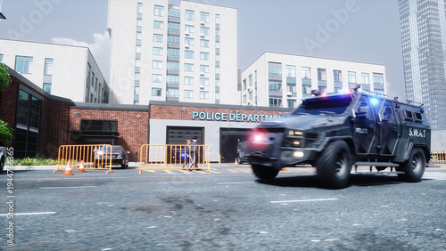 An swat police driving fast on a city street. 3d rendering.