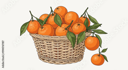 Basket overflowing with fresh tangerines and green leaves