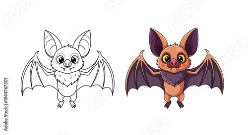 A cute cartoon bat illustration shows a coloring page.