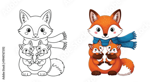 The mother fox with two kits wears a blue scarf.