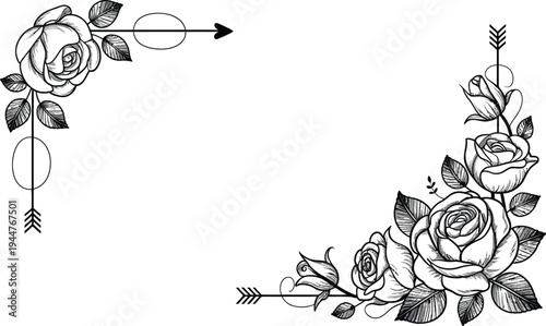 Rose corner ornament set, decorative black and white floral design elements with thorned roses arranged as elegant vintage frame corners.