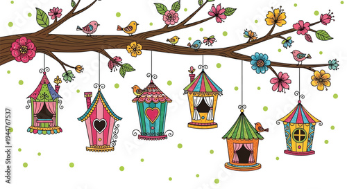 Colorful birdhouses hang from a blooming tree branch.