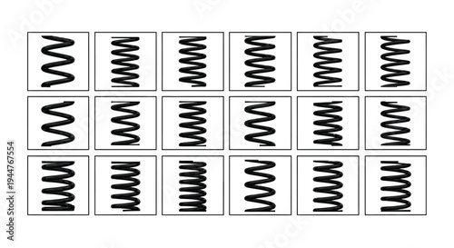 Coil springs are displayed in organized rows against white.