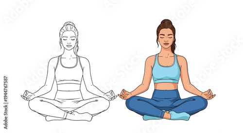 Woman meditating in lotus position showing outline.