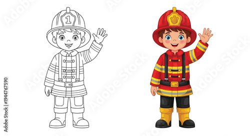 A young firefighter waves hello in full uniform.