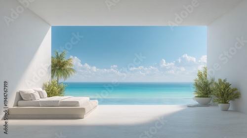 Modern minimalist bedroom with ocean view and tropical plants in bright airy atmosphere