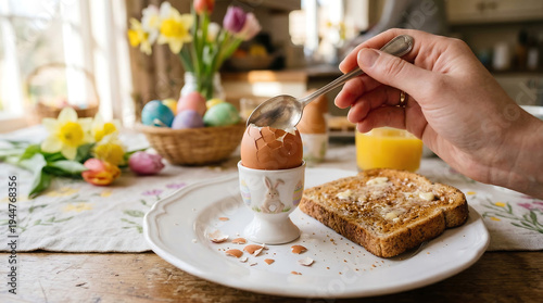 Hand Opening Boiled Egg Easter Breakfast Table Toast Flowers Basket Spring Holiday Morning Rustic