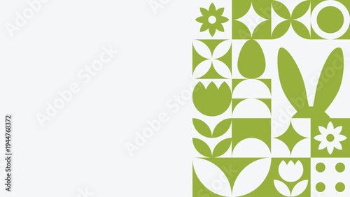 Easter banner with a geometric floral pattern and a bunny silhouette and copyspace. Perfect for seasonal marketing, website headers, social media campaigns and holiday promotions.