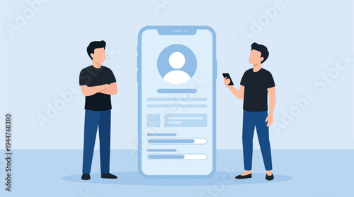 Two men interacting with a smartphone displaying a profile and data