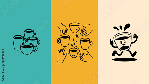 Triptych graphic featuring cartoon coffee cups in different scenarios: grouped cups, hands reaching for cups, and a running anthropomorphic cup.