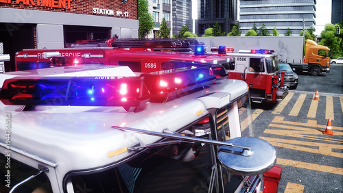 fire truck near the fire station. Fire department. 3d rendering.