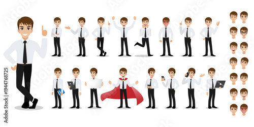 Businessman cartoon character set. Handsome business man in office style smart shirt . Vector illustration