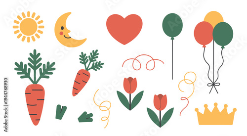 Whimsical Elements: A charming collection of playful graphics, featuring a smiling moon, vibrant balloons, and a cheerful sun, perfect for adding a touch of joy.