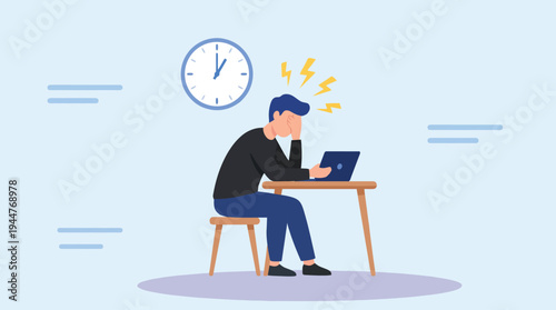 Stressed man working on a laptop overwhelmed by deadlines and pressure