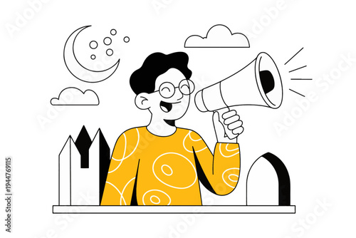 Man wearing glasses and a bright patterned shirt cheerfully announces a message through a large megaphone under a stylized night sky with crescent moon.