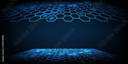 Hexagonal abstract technology background vector illustration. Futuristic banner with blue hexagons and shiny lights. Sci fi banner  cover or template for your design.