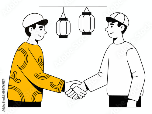 Two young men wearing caps shake hands beneath hanging cylindrical lanterns in a clear depiction of partnership or cultural greeting agreement.