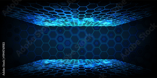 Hexagonal abstract technology background vector illustration. Futuristic banner with blue hexagons and shiny lights. Sci fi banner  cover or template for your design.