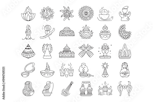 Collection of line art illustrations depicting various cultural festive and spiritual objects in simple outline form
