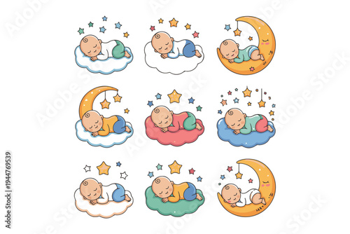 Newborn babies sleeping on colorful clouds and crescent moons with hanging stars collection for children bedroom decor and nursery wallpaper and infant apparel and sweet dreams greeting cards