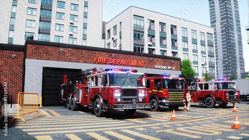 fire truck near the fire station. Fire department. 3d rendering.