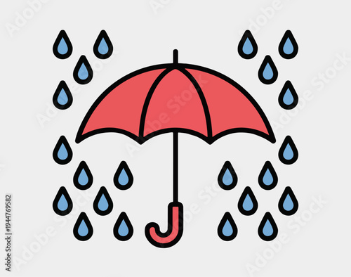Red umbrella protects against falling blue teardrop rain symbols illustrating the concept of shelter and protection from inclement weather conditions.