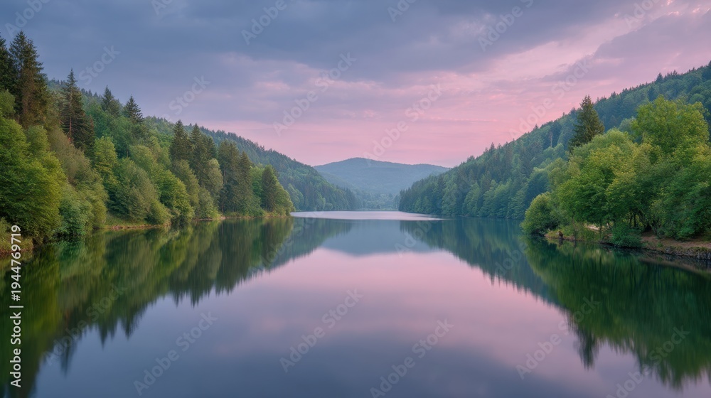 Fototapeta premium Serene Lake Reflection Under Soft Morning Sky with Lush Trees and Gentle Mist in Peaceful Nature Setting