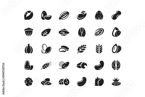Set of various minimalist black silhouettes depicting diverse seeds and grains on an isolated white background, offering versatile use for product packaging design