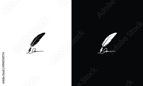 Elegant Feather Quill Pen Writing Signature Logo - Classic Calligraphy Icon Design.