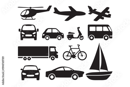 Transportation vehicle icons set including air sea and land travel modes for logistics mapping tourism brochures and industrial shipping company branding projects professional vector collection