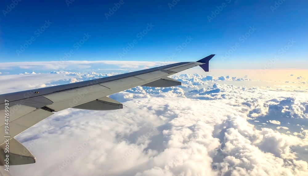 Fototapeta premium Airplane Wing Soaring Above the Clouds in a Bright Blue Sky.