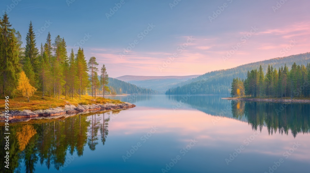 Fototapeta premium Serene Lake Landscape at Dawn with Reflections of Pine Trees and a Calm Water Surface in a Tranquil Natural Setting