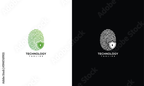 Biometric Fingerprint Security Shield Logo for Digital Data Protection Technology.