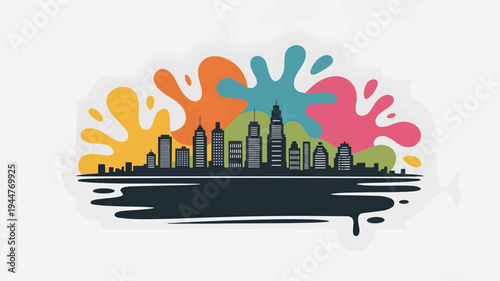 City skyline silhouette sits atop a dark reflection, partially obscured by vibrant, multi-colored paint splatters suggesting artistic urban creativity and renewal.