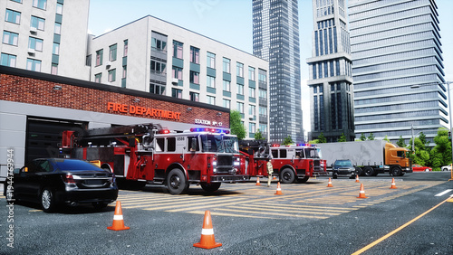 fire truck near the fire station. Fire department. 3d rendering.