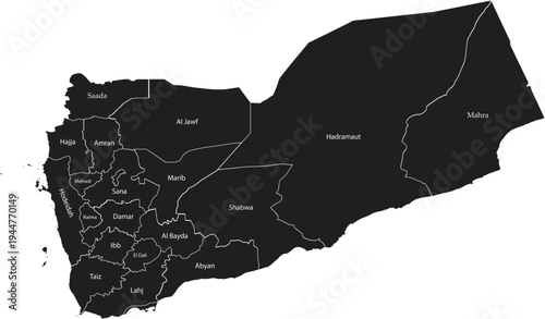Detailed Map of Yemen with Administrative Borders and Internal Regions in Black Layout Vector Illustration Silhouette
