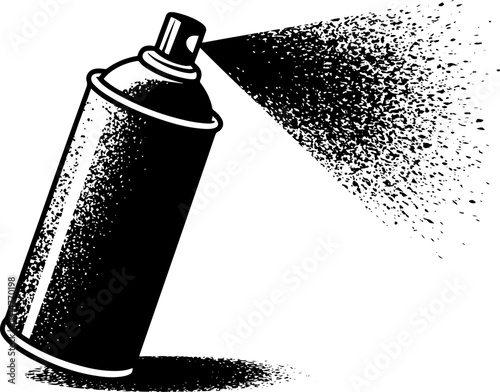 Aerosol spray paint can ejecting a dense cloud of fine particles in a dramatic black and white high contrast graphic representation against white.