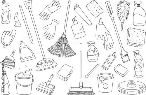 Assortment of hand-drawn cleaning supplies featuring various liquid bottles, brooms, mops, sponges, gloves, and a robotic vacuum cleaner shown in simple black and white outline style.