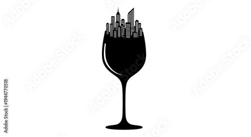 Elegant abstract silhouette capturing a vibrant city skyline nestled within the graceful outline of a wine glass, symbolizing sophisticated urban experiences and modern metropolitan life