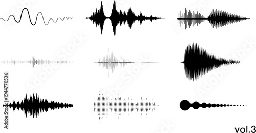 Nine distinct black and gray sound wave visualizations display varying amplitudes and frequencies across horizontal lines for audio recording or signal representation.