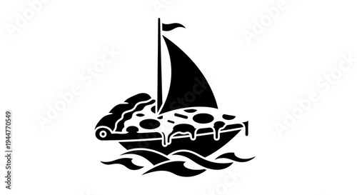 Delicious Pizza Slice Sailing on Water Waves - A Creative Maritime Food Delivery Icon