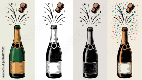 A series of four illustrations depicts champagne bottles popping each with a different color scheme and celebratory confetti bursts high quality professional detailed modern elegant stylish