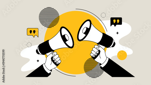 Two hands are shown holding white megaphones against a minimalist abstract background of shapes and colors high quality professional detailed modern elegant stylish clean crisp vibrant