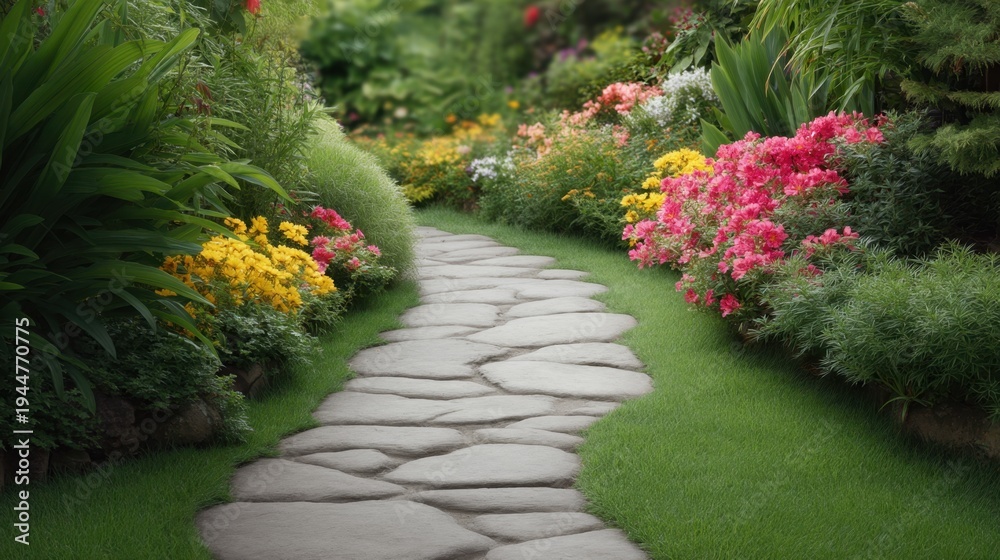 Obraz premium Beautiful Stone Pathway Through Lush Garden Surrounded by Vibrant Flowers and Greenery in Natural Setting