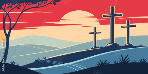 Illustration of three crosses on hill with warm sunset sky and tree silhouette. Christian religious concept representing crucifixion of Jesus Christ and Good Friday reflection.