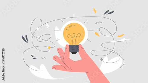 A hand gently holds a glowing lightbulb symbolizing a new idea or inspiration with swirling lines and sparks around it high quality professional detailed modern elegant